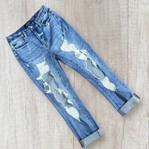 JUDY BLUE Very Distressed Ripped Straight Fit Medium Wash Cuff Hem Jeans 7 / 28